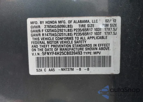 2012 Honda Pilot Lx from USA, damaged, VIN 5FNYF4H25CB039493
